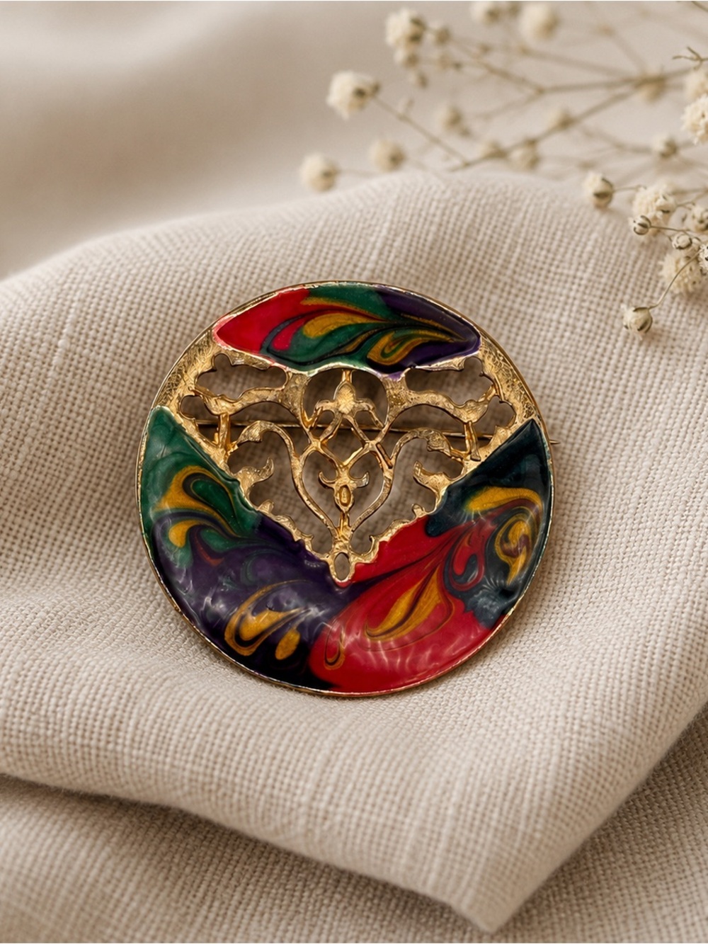 Vintage Art Nouveau Style Marbled Enamel Brooch
